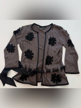 Y2K Nougat London silk Cardigan with Black Flower Appliqués size 2
